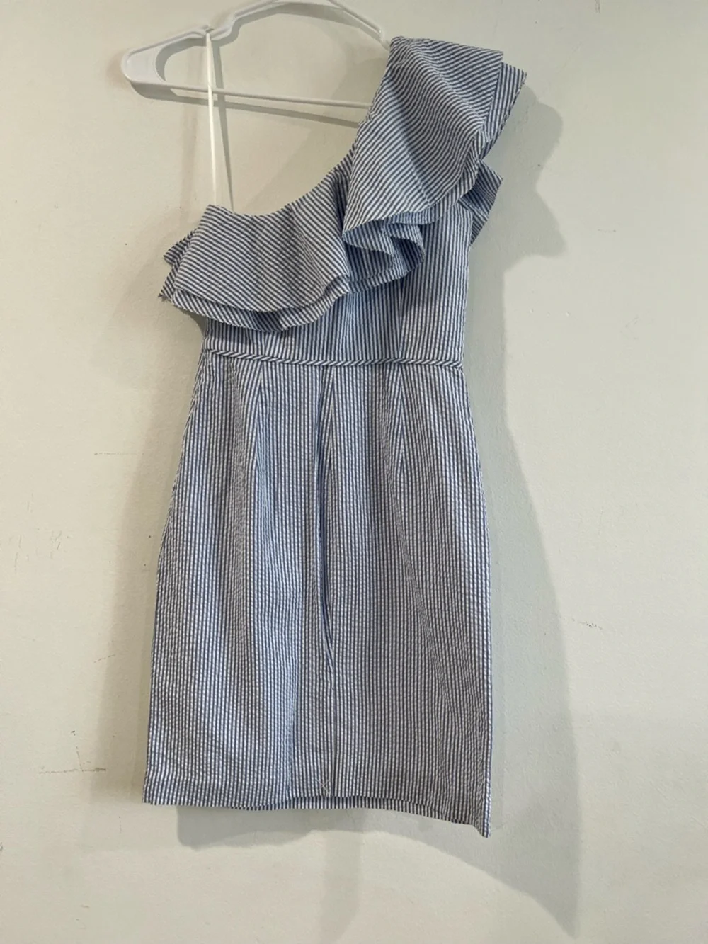 J. Crew Blue and White One-Shoulder Ruffle Dress 00